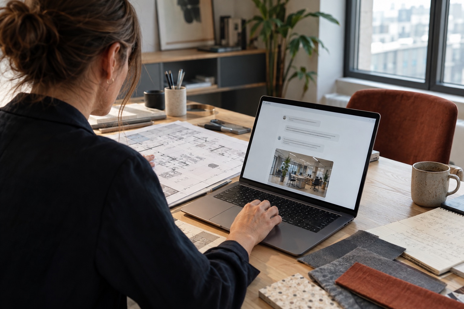 Planerin mit Bürogrundriss und Laptop mit schematischer Gesprächsoberfläche.