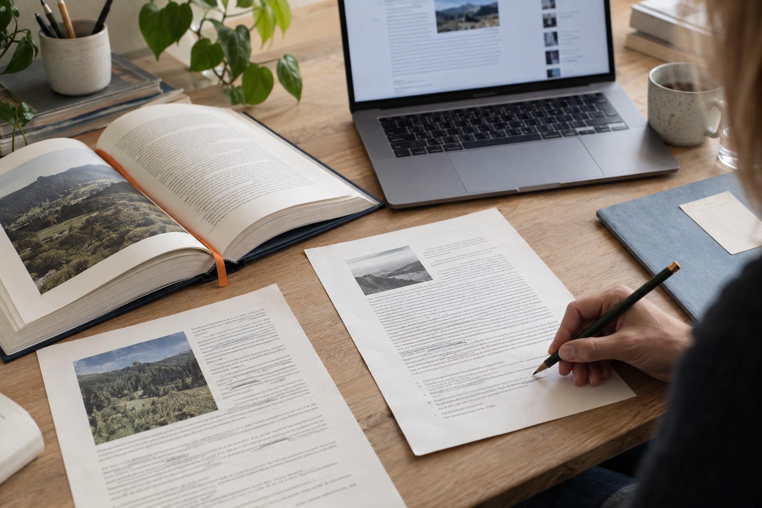 Recherche am Schreibtisch mit Fachbuch, markierten Ausdrucken und digitalen Quellen.