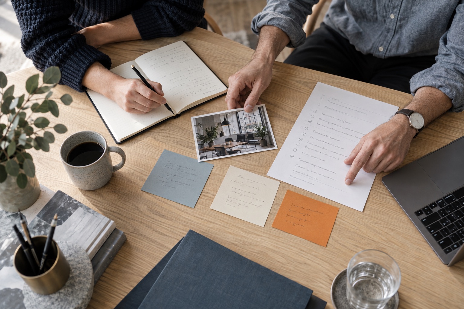 Zwei Personen besprechen eine Checkliste, Notizen und ein Büroprojektfoto.