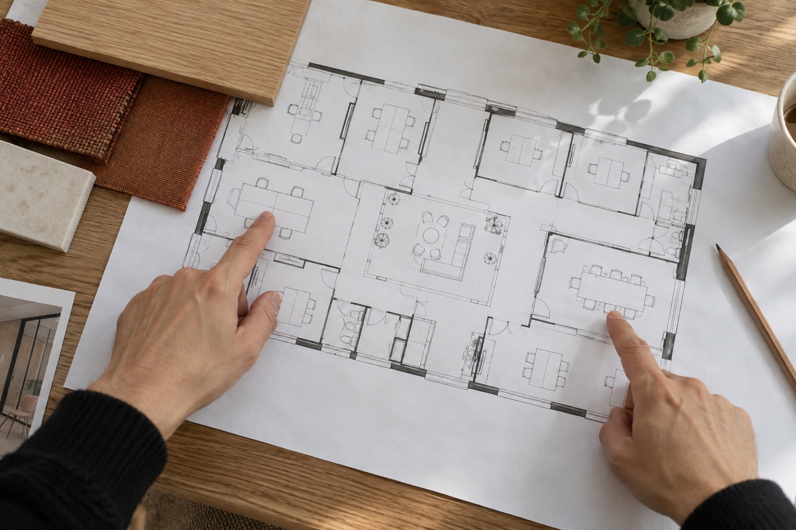 Raumplanung mit Grundriss und Materialmustern