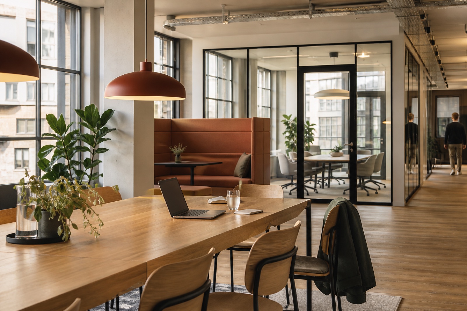 Helles Büro mit ruhigen Arbeitszonen und gemeinsamem Teamtisch