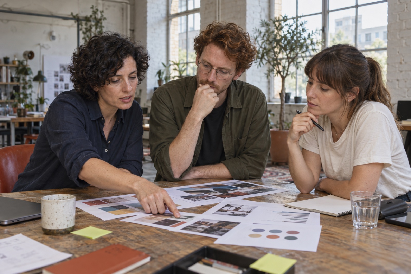 Kreativteam bespricht Entwürfe und Kampagnen am Arbeitstisch