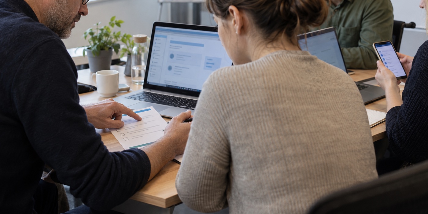 IT-Begleiter und Mitarbeitende arbeiten gemeinsam an Laptops, Smartphone und einer Checkliste.